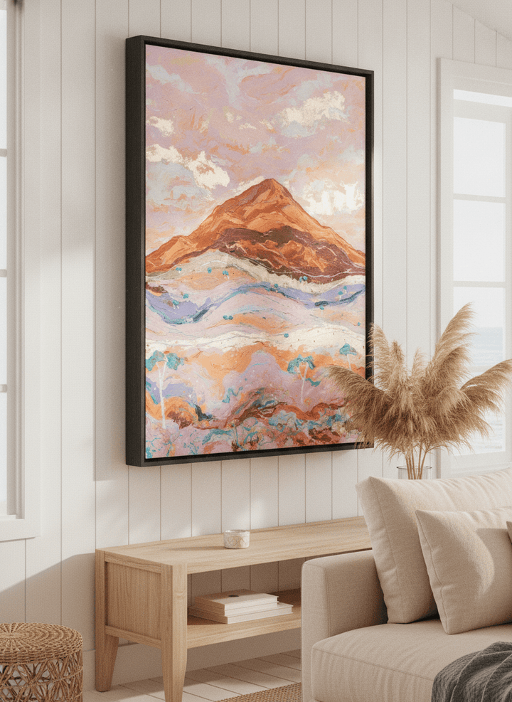 Neutral wall art displayed in a sunny coastal beach house