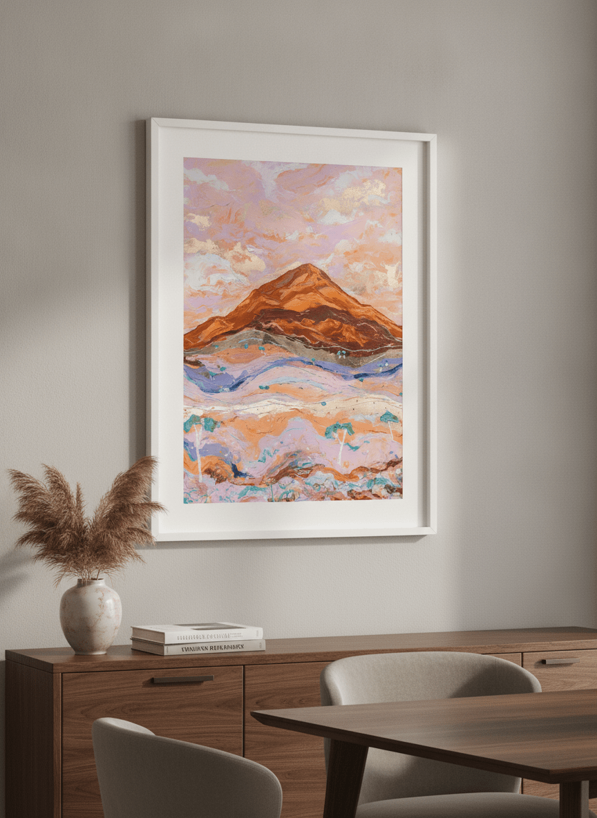Wall art styled above a dining table in a contemporary home