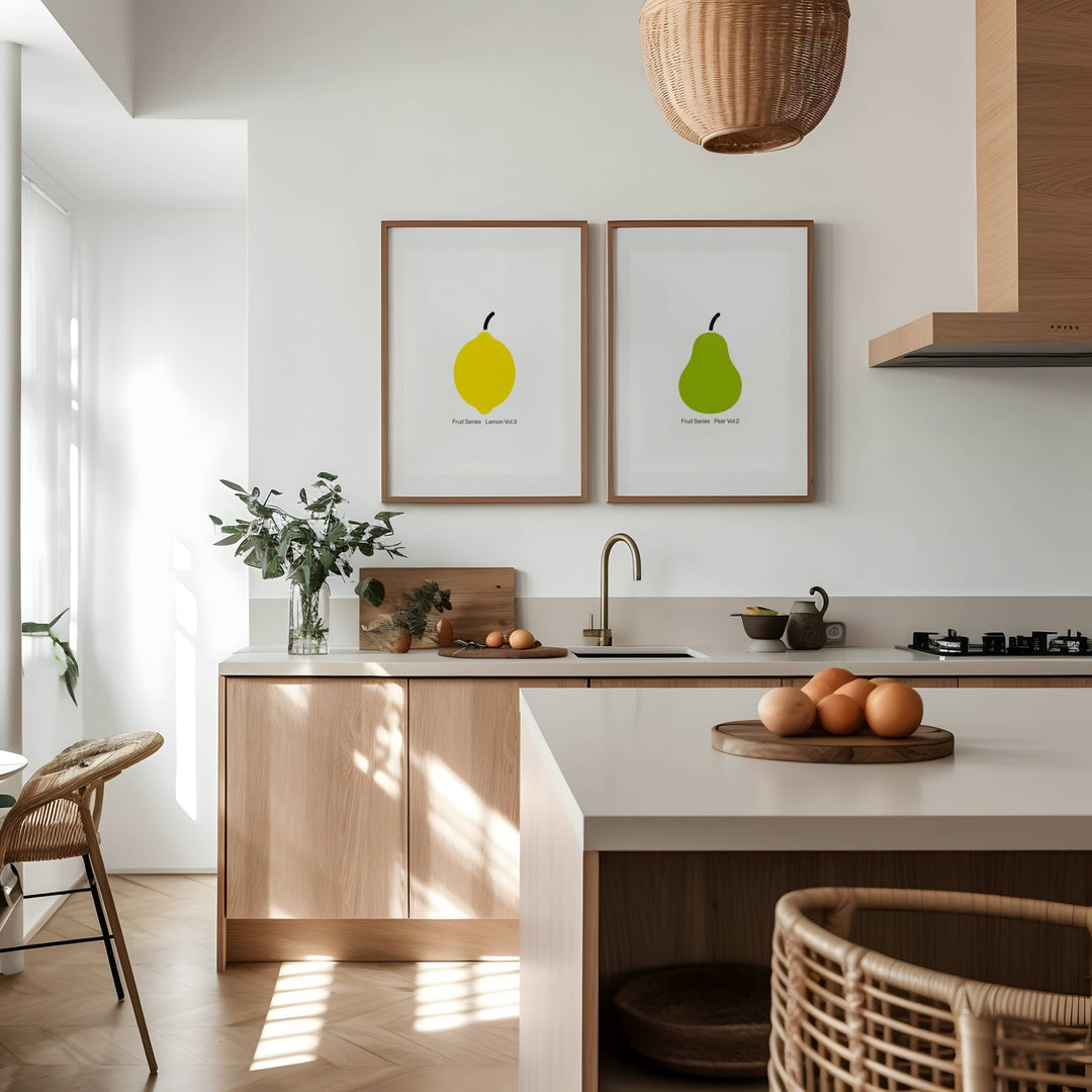Modern kitchen with wooden cabinets, white countertops, and framed artwork on the wall.