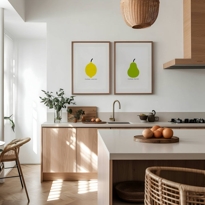 Modern kitchen with wooden cabinets, white countertops, and framed artwork on the wall.