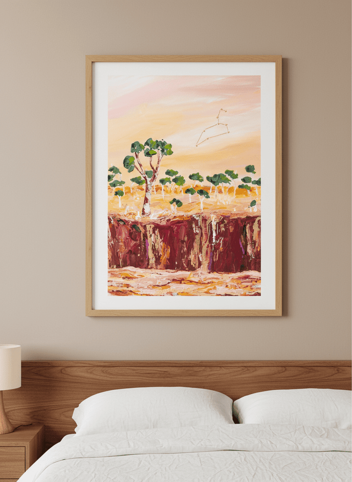 Minimalist artwork displayed in a calm, light-filled bedroom interior