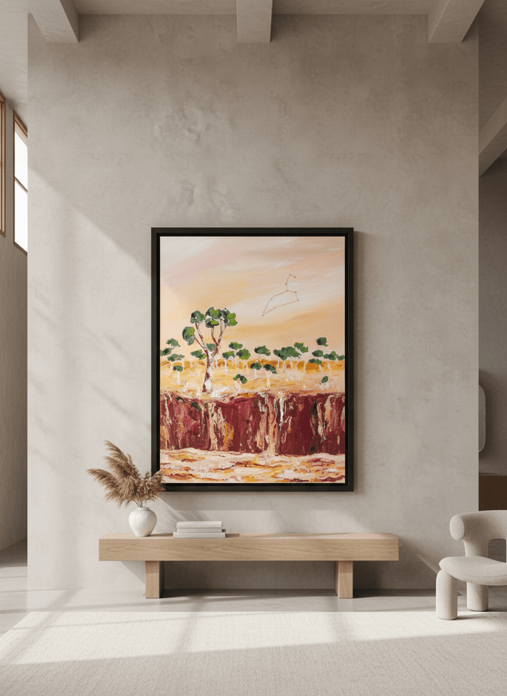 Monumental artwork centred on a feature wall in a luxe interior
