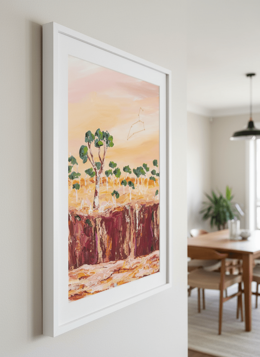 Wall art styled above a dining table in a contemporary home
