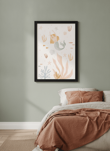 Minimalist artwork displayed in a calm, light-filled bedroom interior