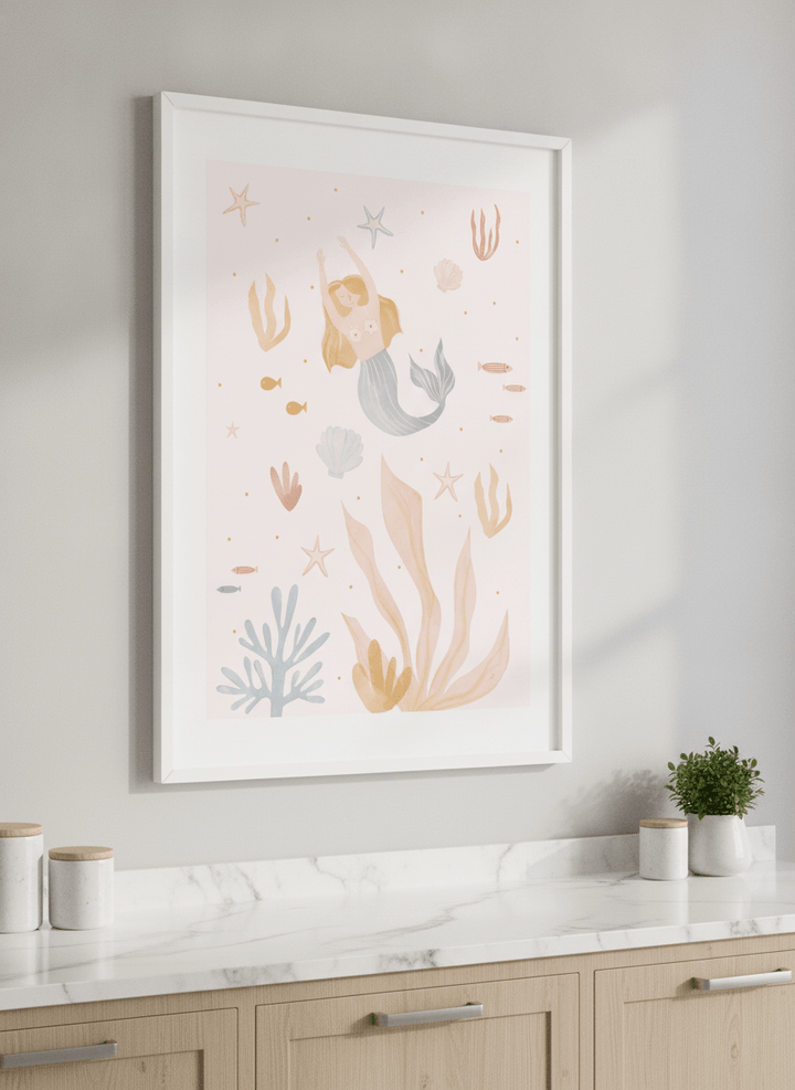 Artwork styled on the wall of a bright modern kitchen