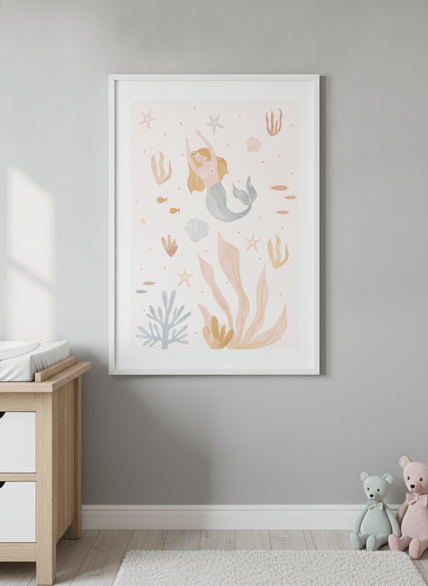 Soft neutral wall art styled in a serene nursery with pastel tones