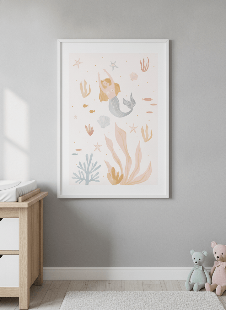 Soft neutral wall art styled in a serene nursery with pastel tones