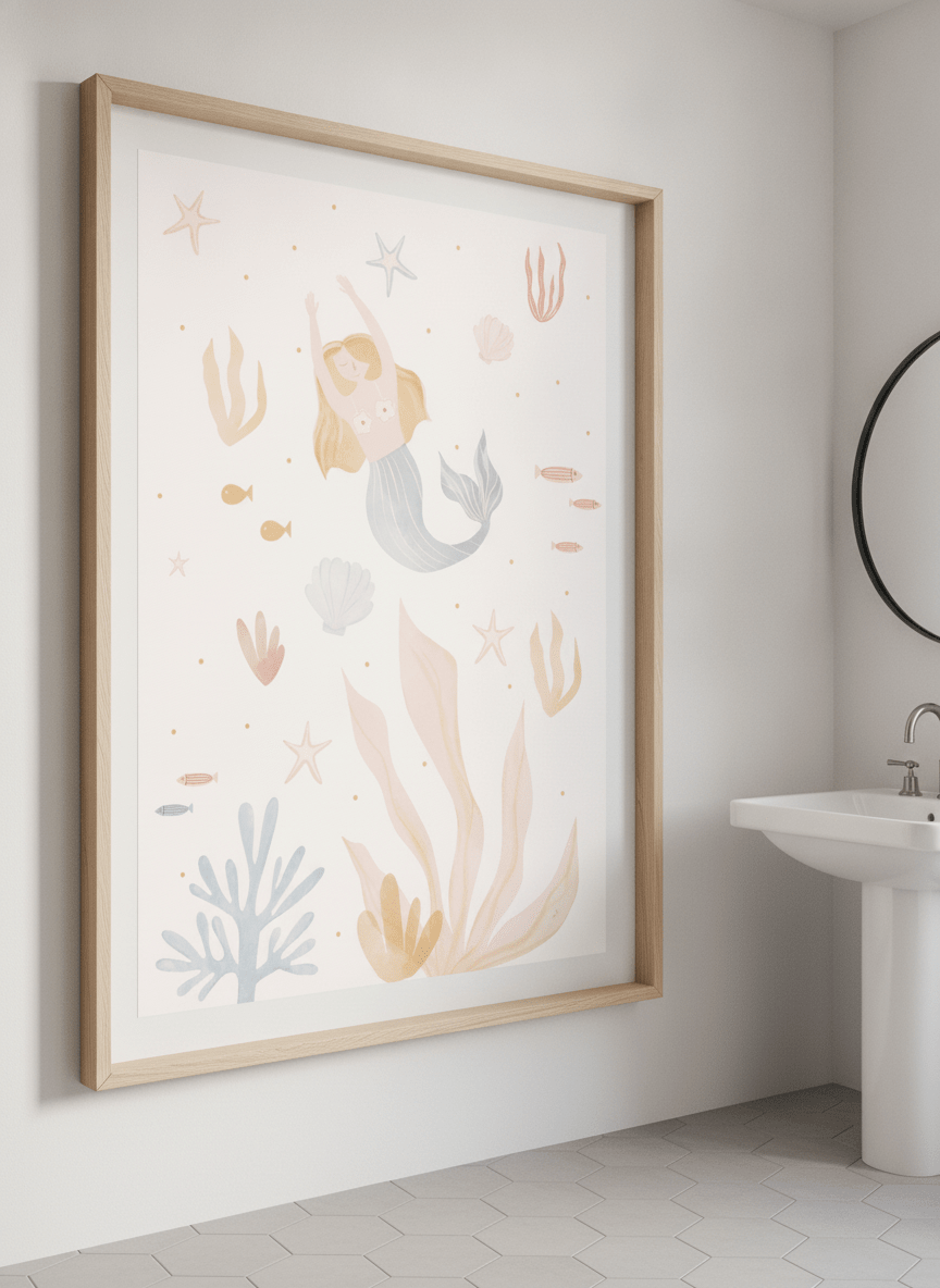 Modern print displayed in a clean minimalist bathroom setting
