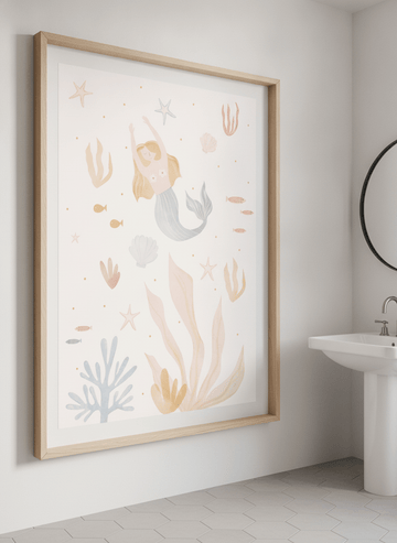 Modern print displayed in a clean minimalist bathroom setting