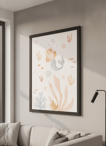 Modern wall art styled above a sofa in a neutral living room
