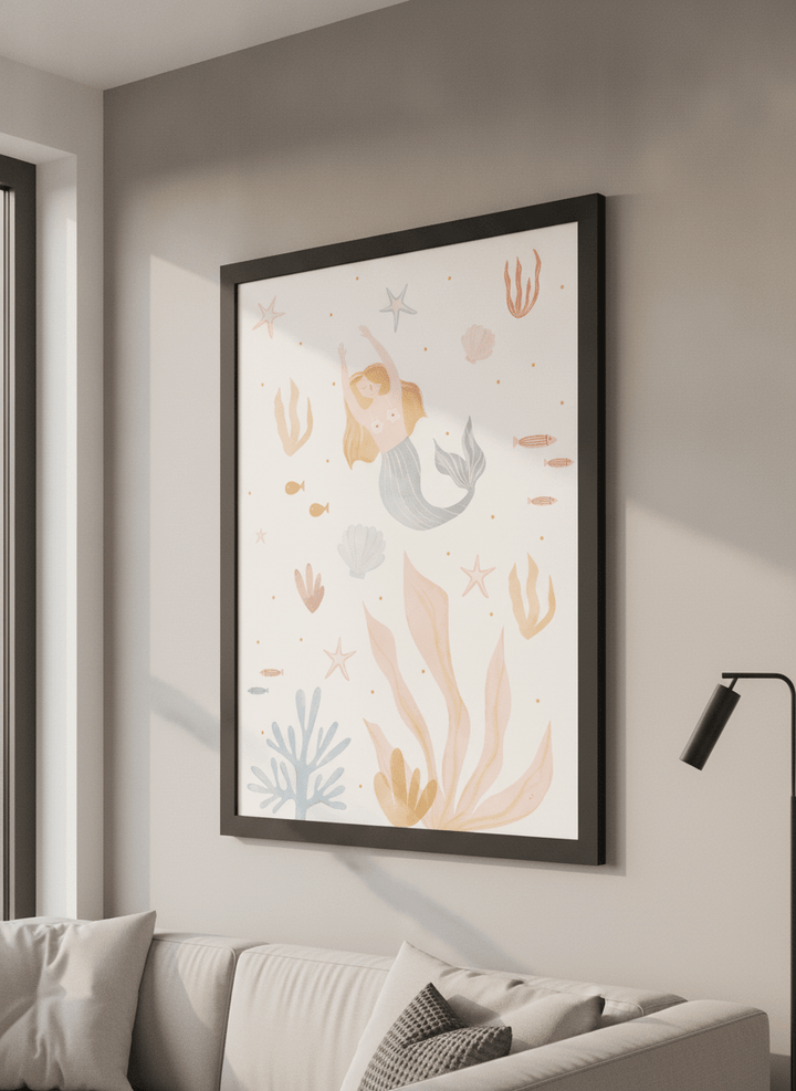 Modern wall art styled above a sofa in a neutral living room