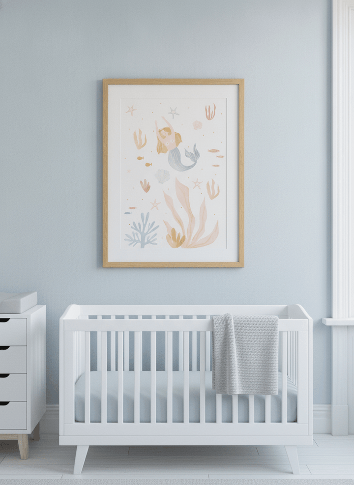 Soft neutral wall art styled in a serene nursery with pastel tones
