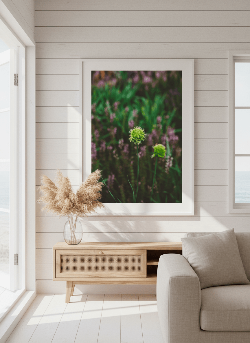 Neutral wall art displayed in a sunny coastal beach house