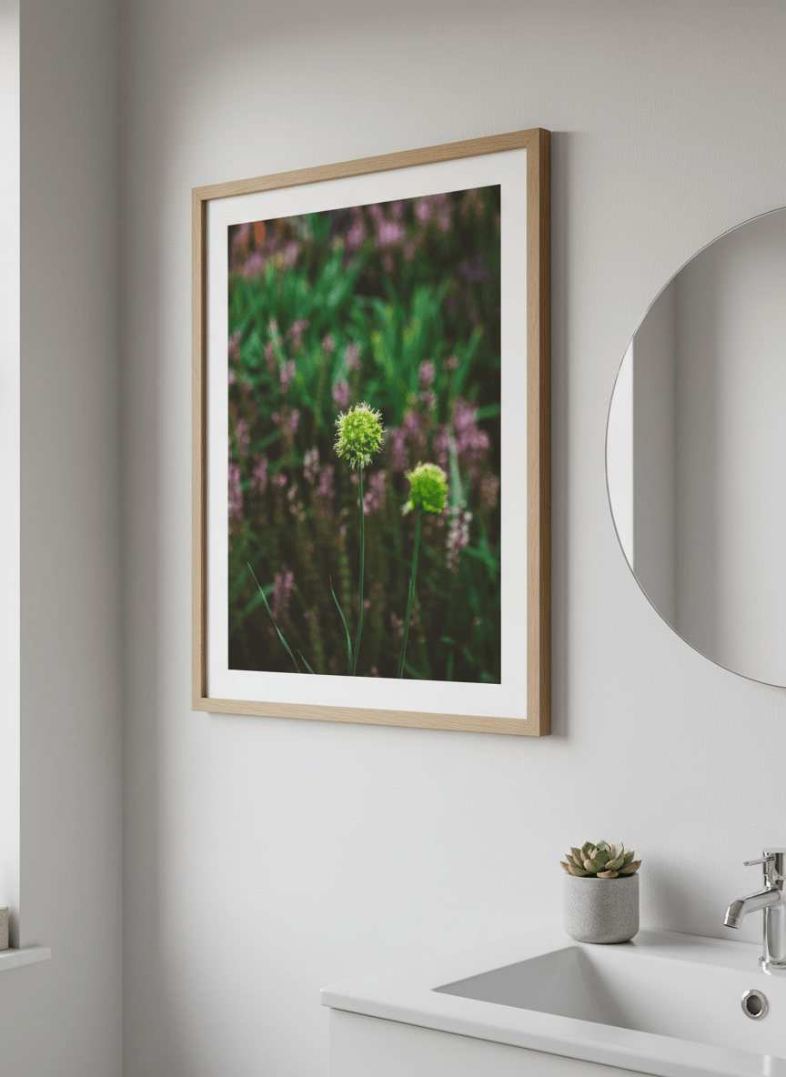 Modern print displayed in a clean minimalist bathroom setting