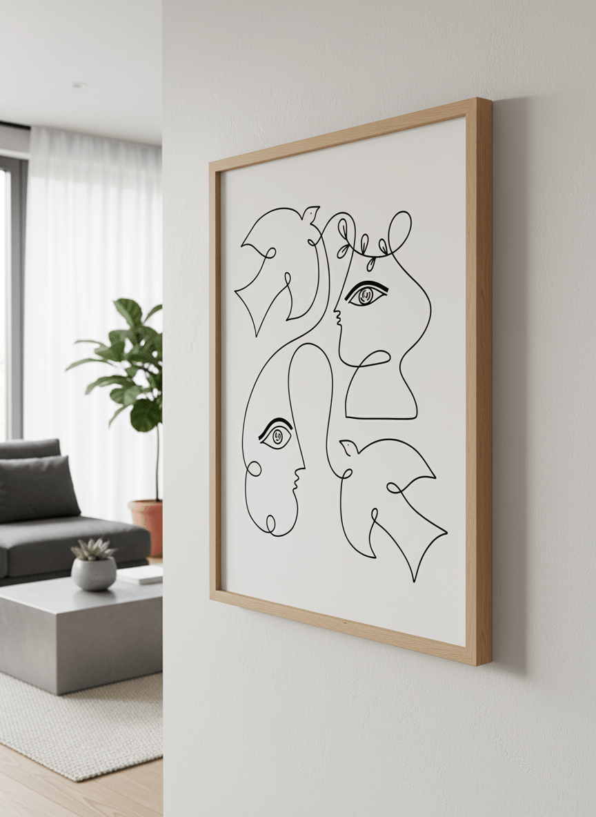 Modern wall art styled above a sofa in a neutral living room