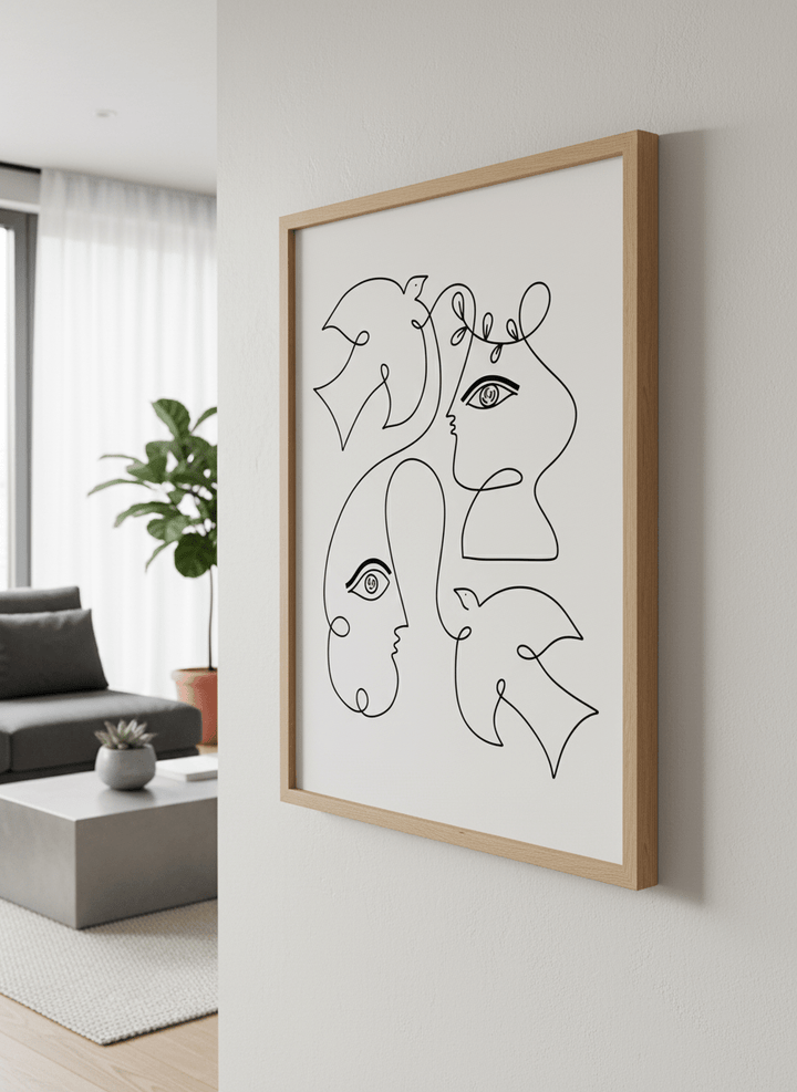 Modern wall art styled above a sofa in a neutral living room