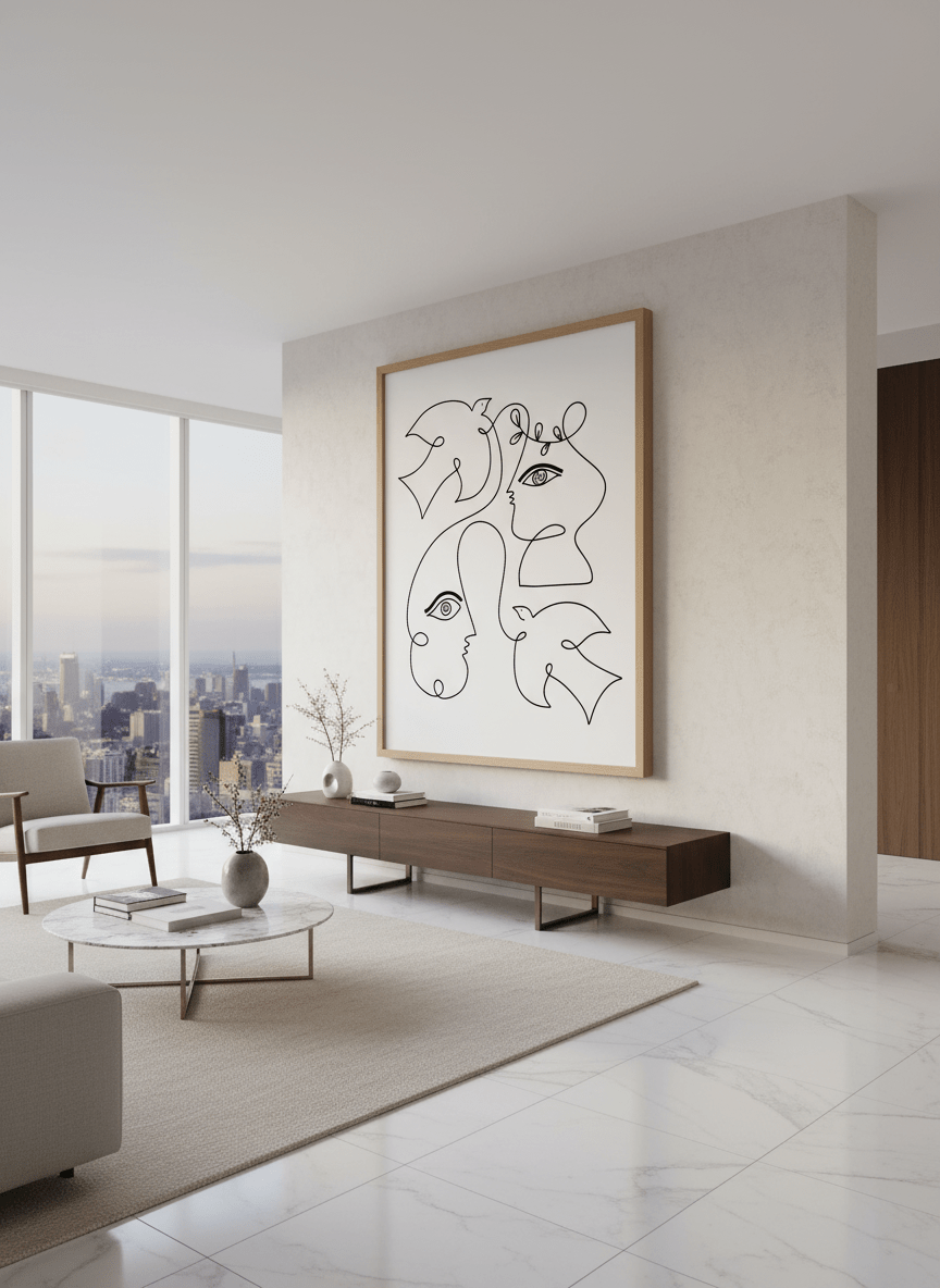 Monumental artwork centred on a feature wall in a luxe interior
