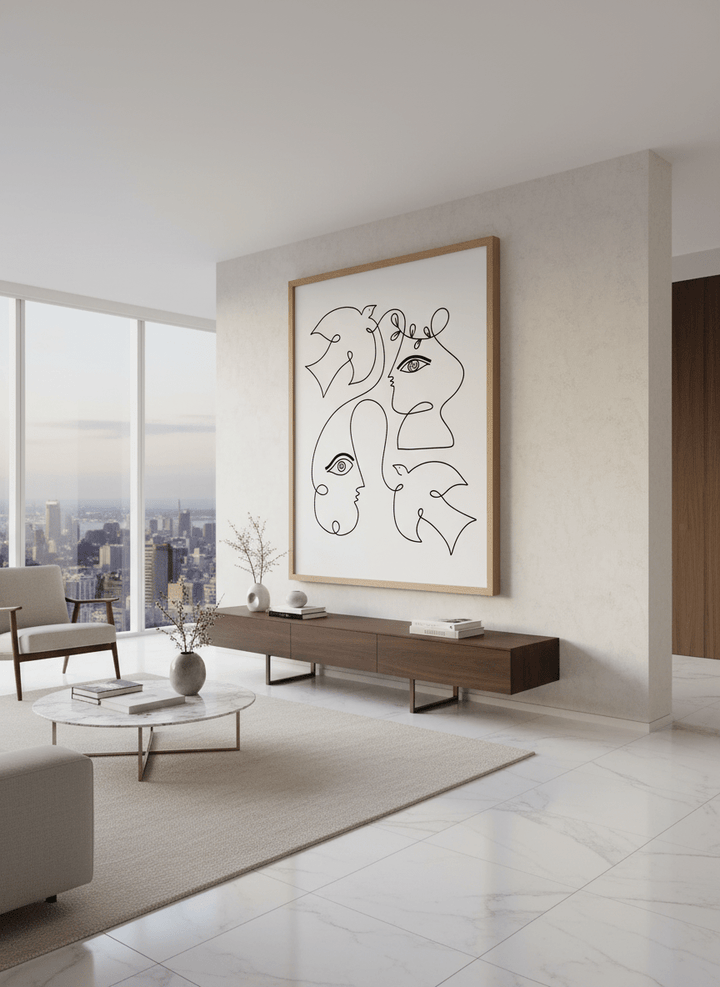 Monumental artwork centred on a feature wall in a luxe interior