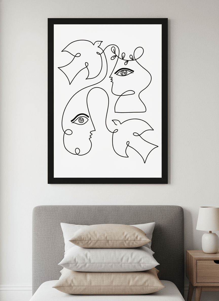 Minimalist artwork displayed in a calm, light-filled bedroom interior