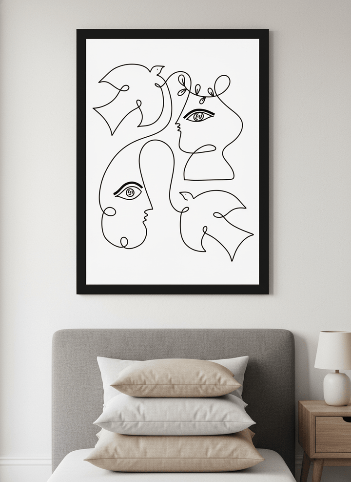 Minimalist artwork displayed in a calm, light-filled bedroom interior
