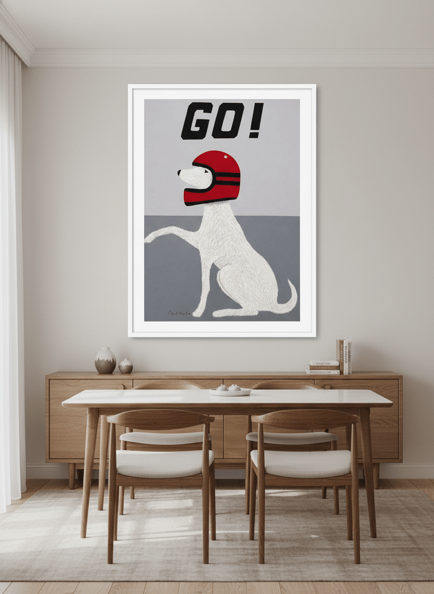 Wall art styled above a dining table in a contemporary home