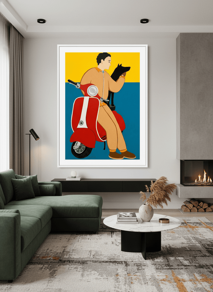 Monumental artwork centred on a feature wall in a luxe interior