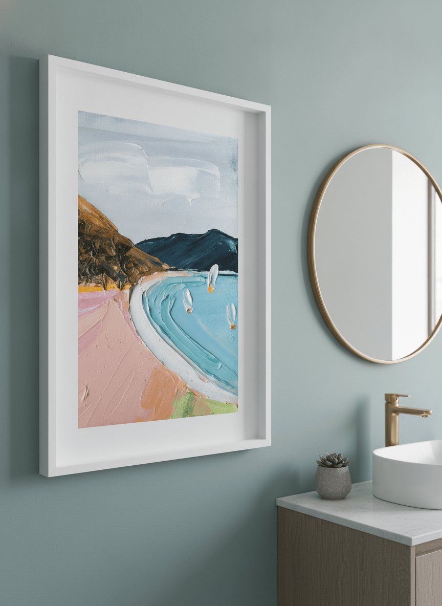 Modern print displayed in a clean minimalist bathroom setting