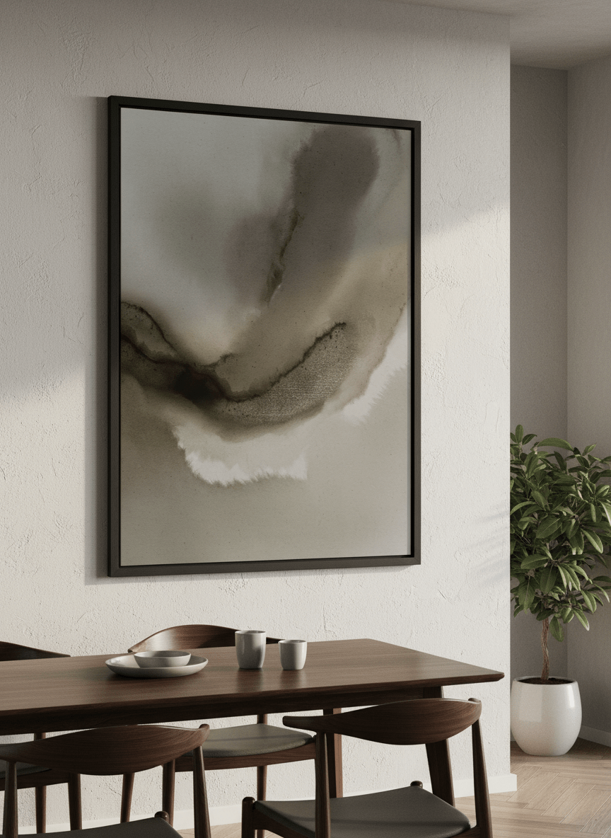 Wall art styled above a dining table in a contemporary home