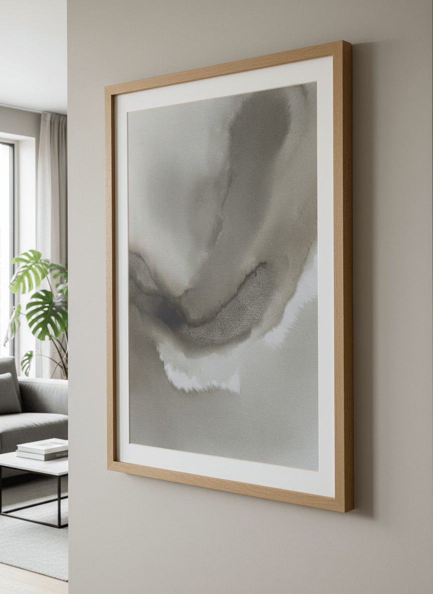 Modern wall art styled above a sofa in a neutral living room
