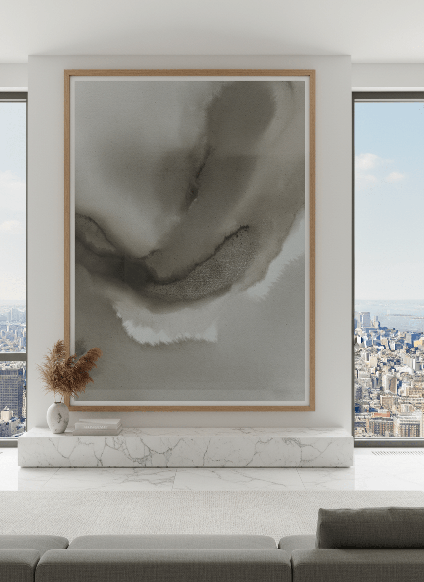Monumental artwork centred on a feature wall in a luxe interior