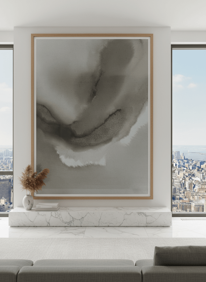 Monumental artwork centred on a feature wall in a luxe interior