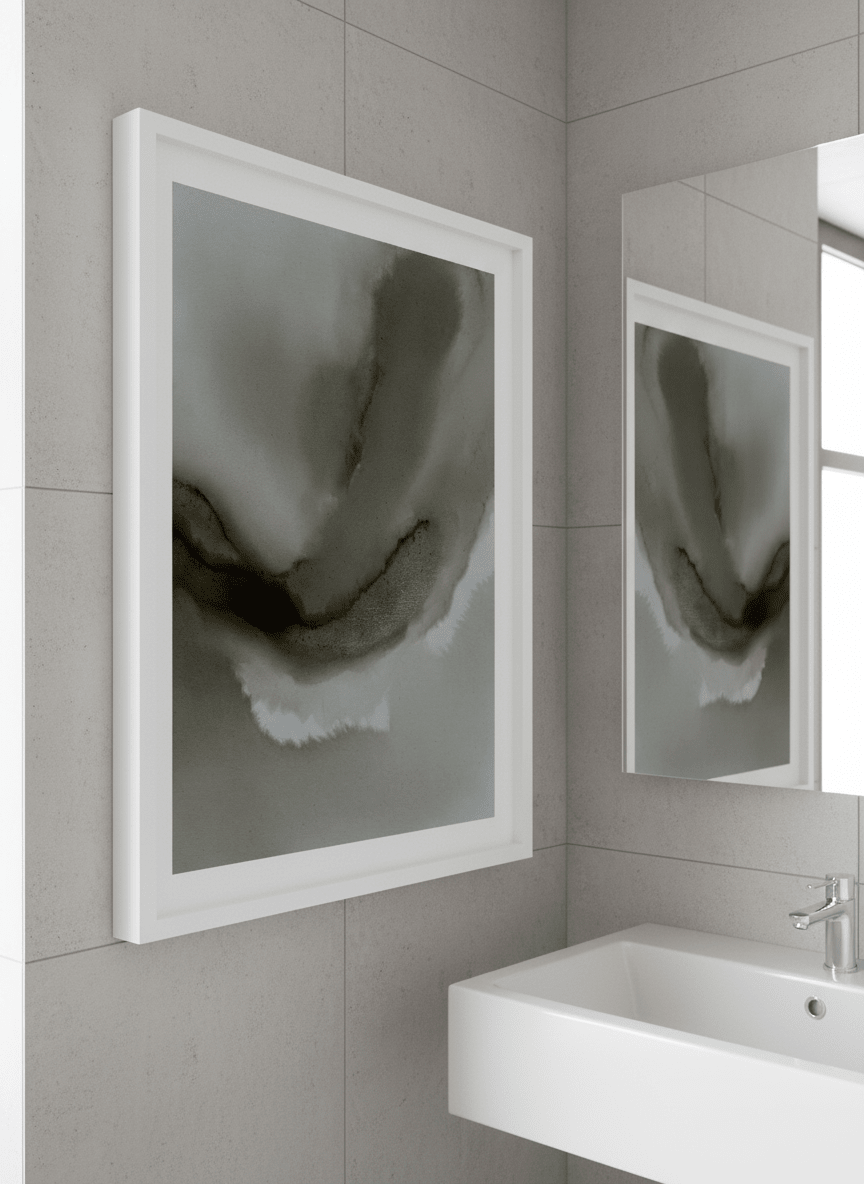 Modern print displayed in a clean minimalist bathroom setting