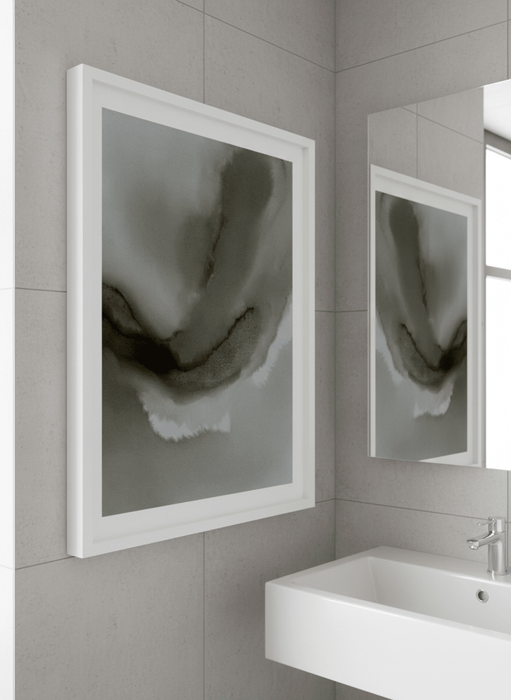 Modern print displayed in a clean minimalist bathroom setting