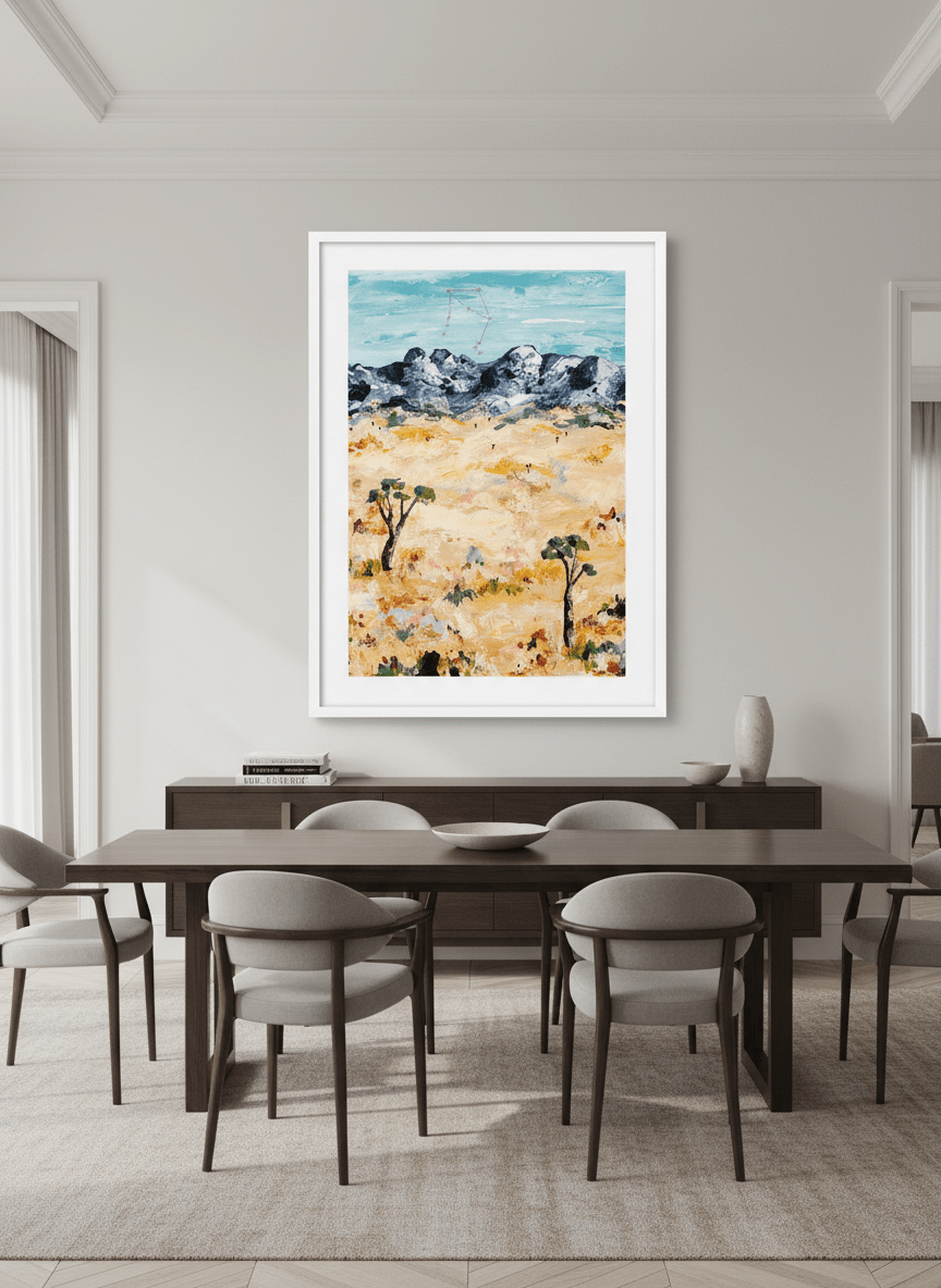 Monumental artwork centred on a feature wall in a luxe interior