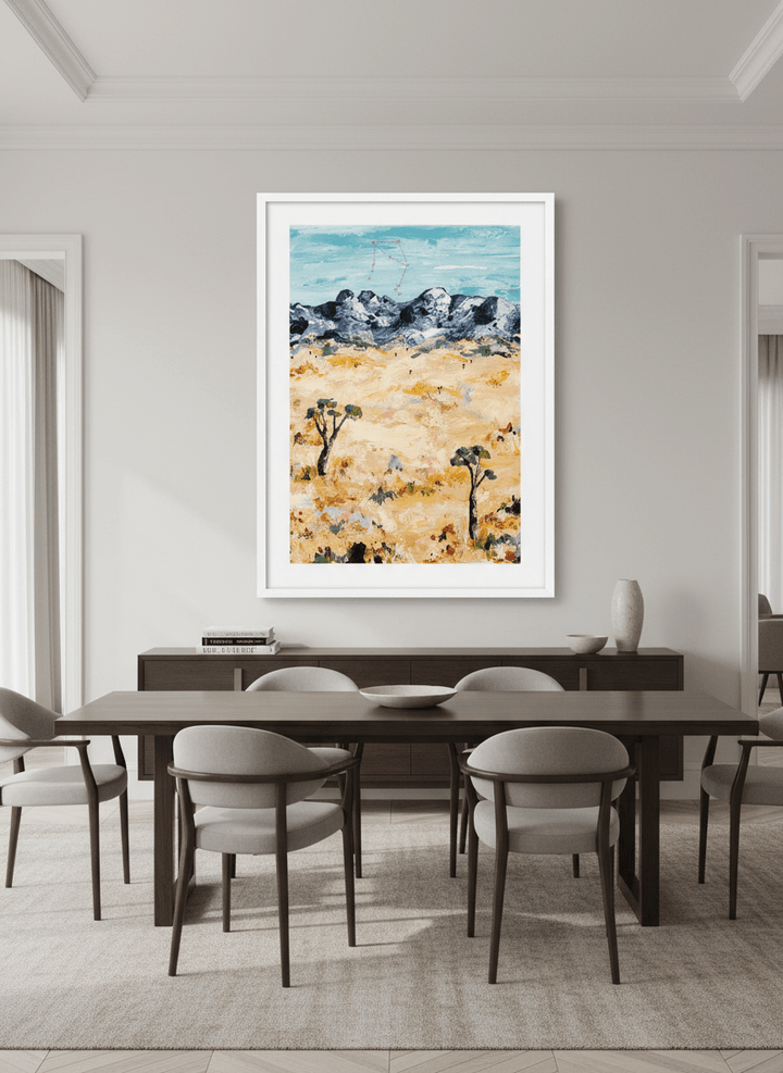 Monumental artwork centred on a feature wall in a luxe interior
