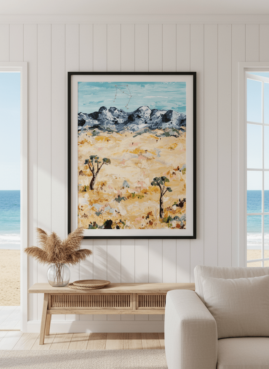 Neutral wall art displayed in a sunny coastal beach house