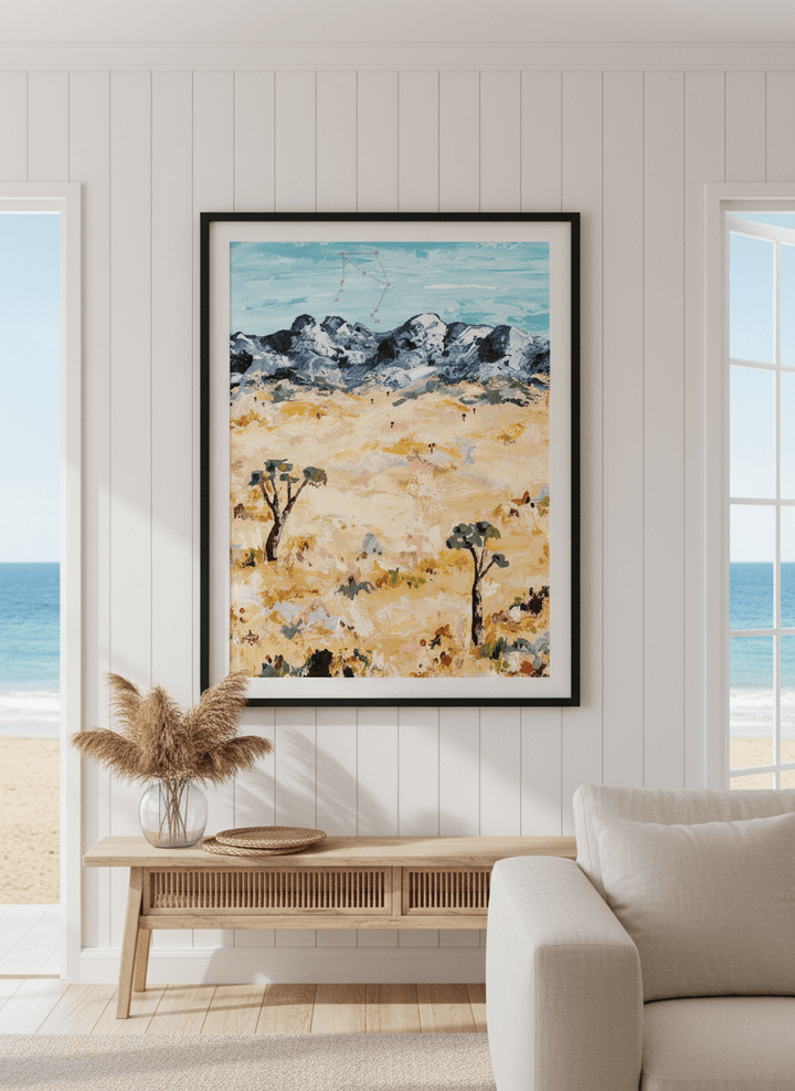 Neutral wall art displayed in a sunny coastal beach house