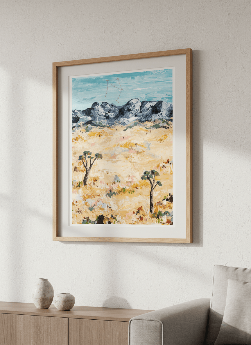 Modern wall art styled above a sofa in a neutral living room
