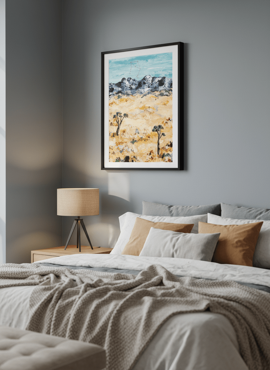 Minimalist artwork displayed in a calm, light-filled bedroom interior