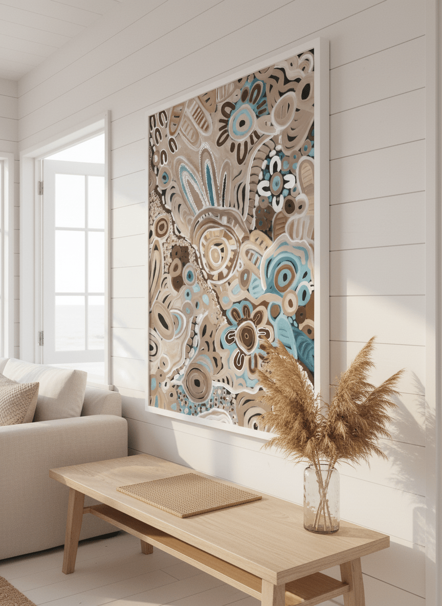 Neutral wall art displayed in a sunny coastal beach house