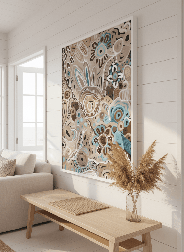 Neutral wall art displayed in a sunny coastal beach house