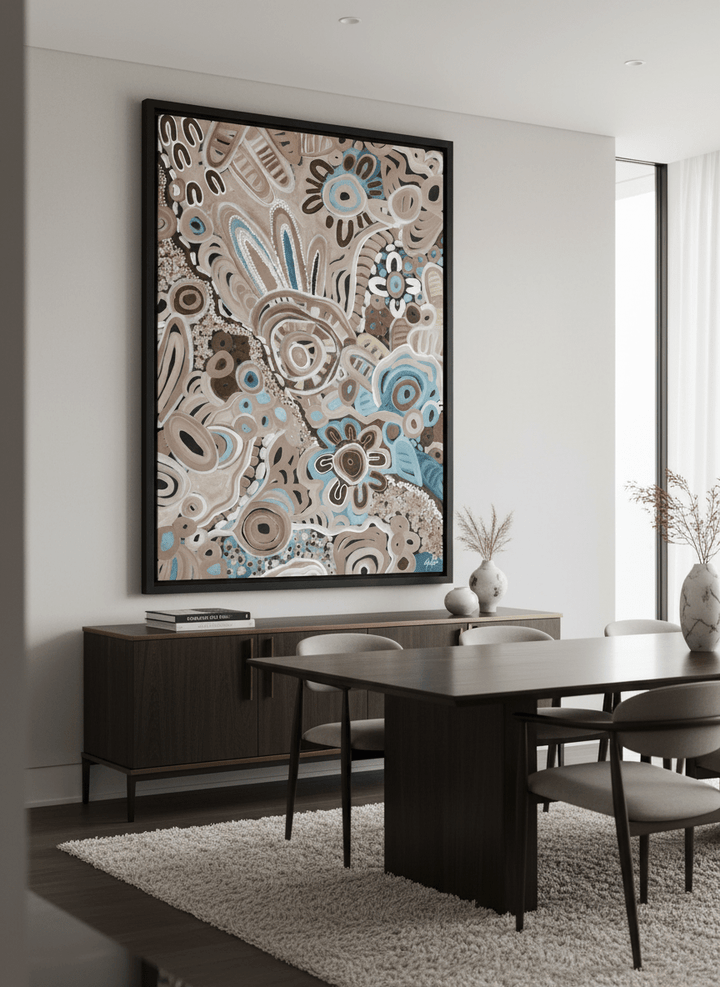 Monumental artwork centred on a feature wall in a luxe interior