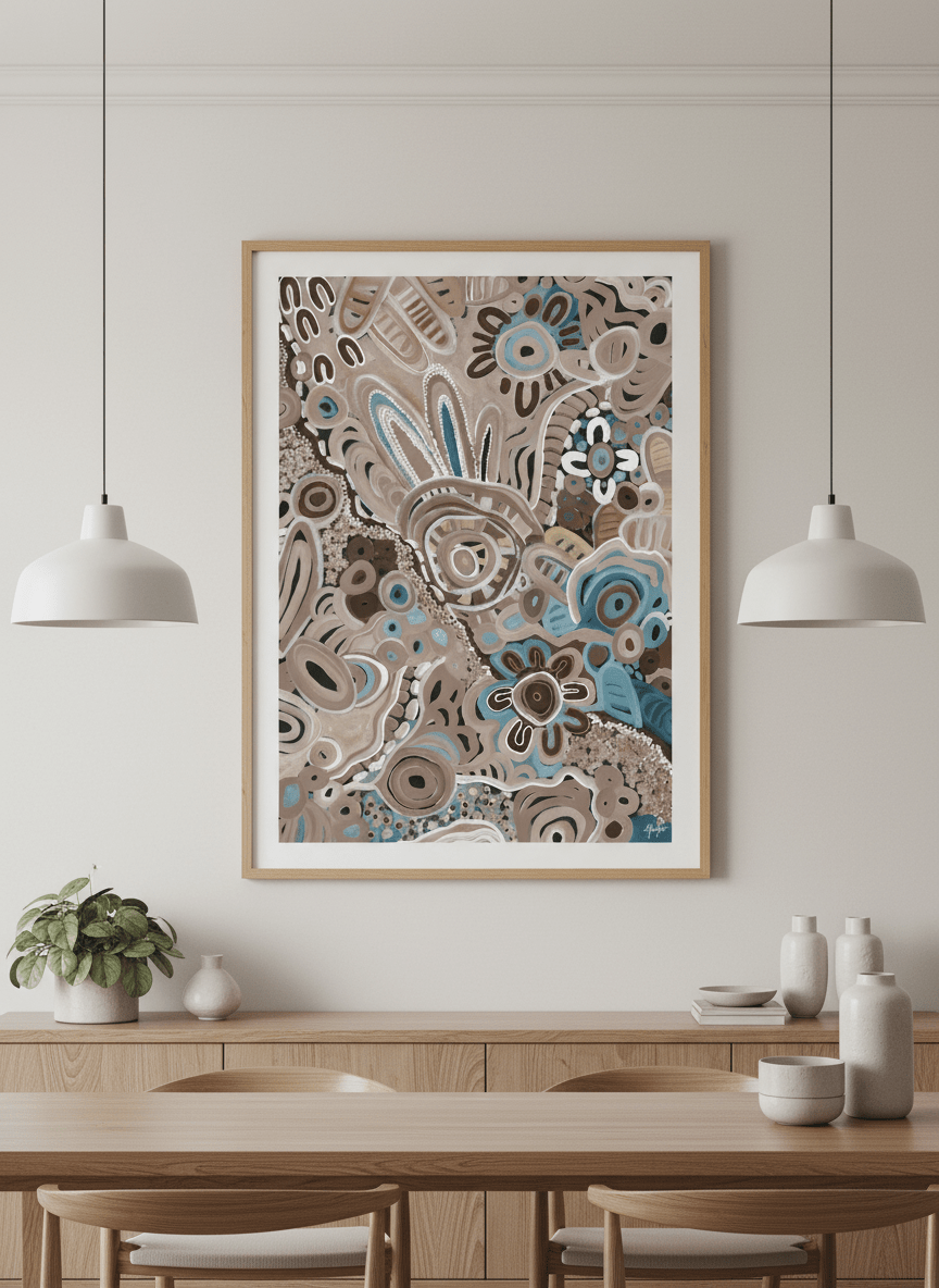 Wall art styled above a dining table in a contemporary home