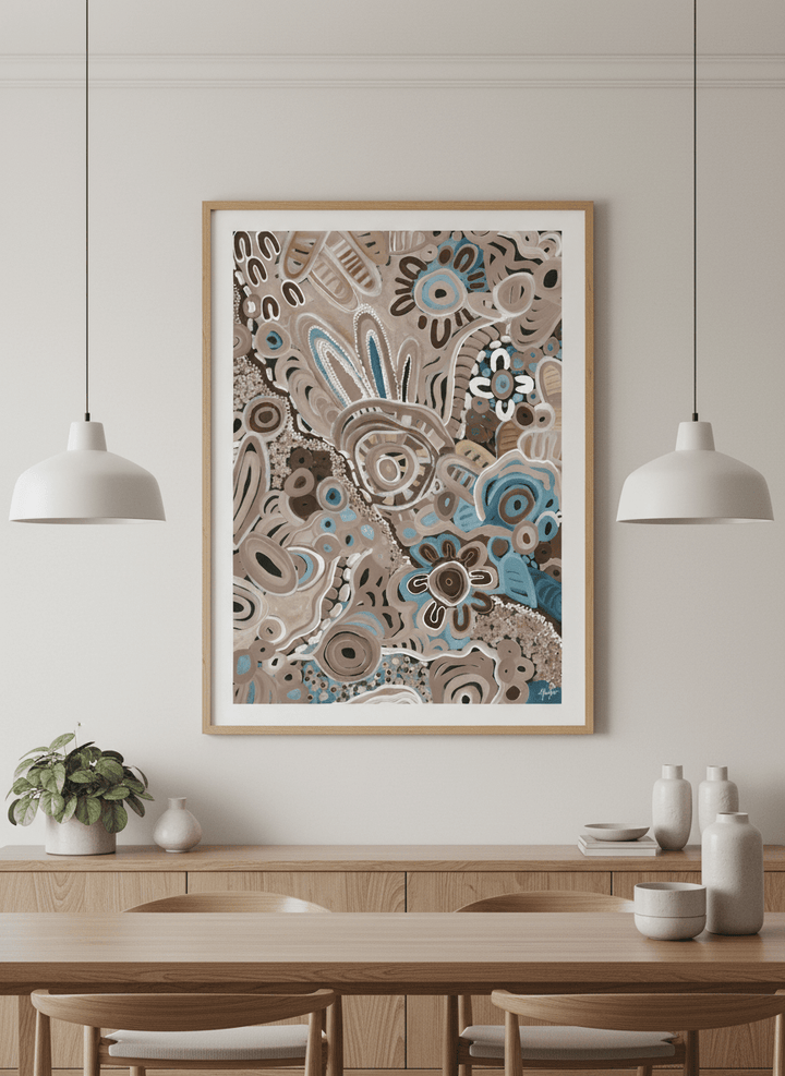 Wall art styled above a dining table in a contemporary home