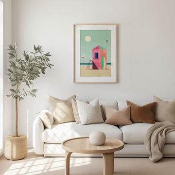 Modern living room with a white sofa, decorative pillows, a wooden coffee table, and a colorful abstract painting on the wall.