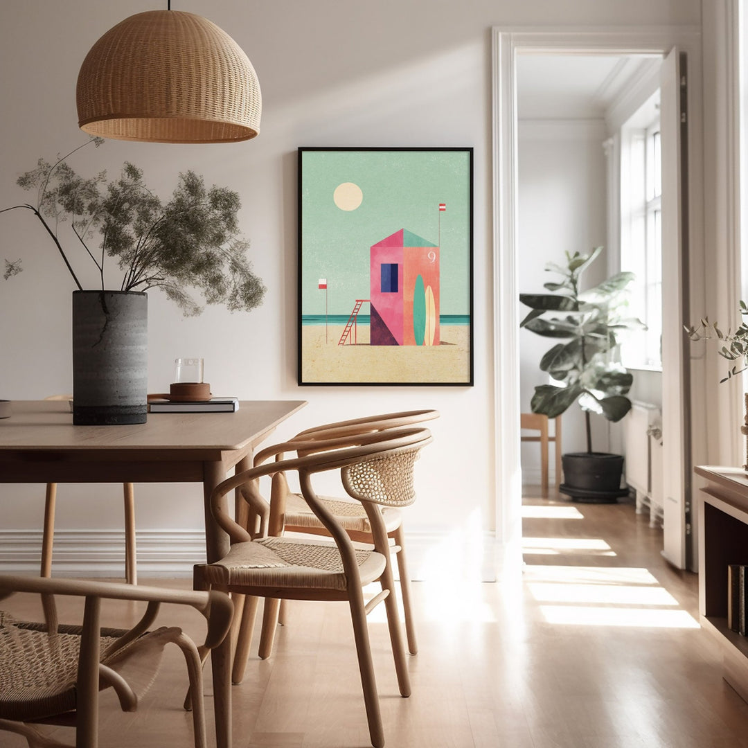 Dining room with wooden table and chairs, colorful abstract painting on the wall, and natural light.
