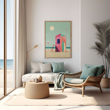 Modern living room with a beach-themed painting on the wall, a sofa, and a chair.