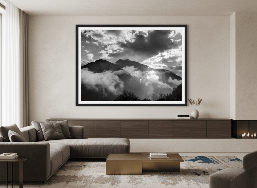 Monumental artwork centred on a feature wall in a luxe interior