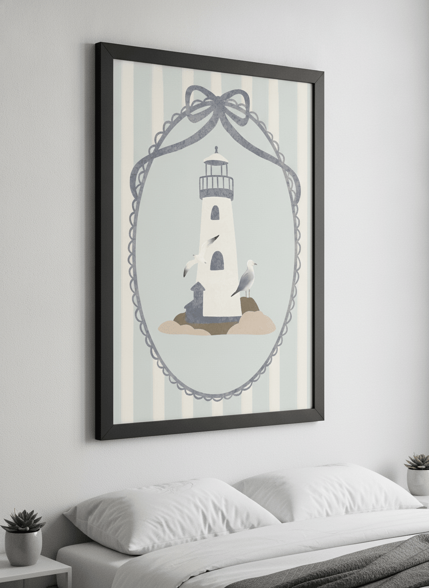 Minimalist artwork displayed in a calm, light-filled bedroom interior