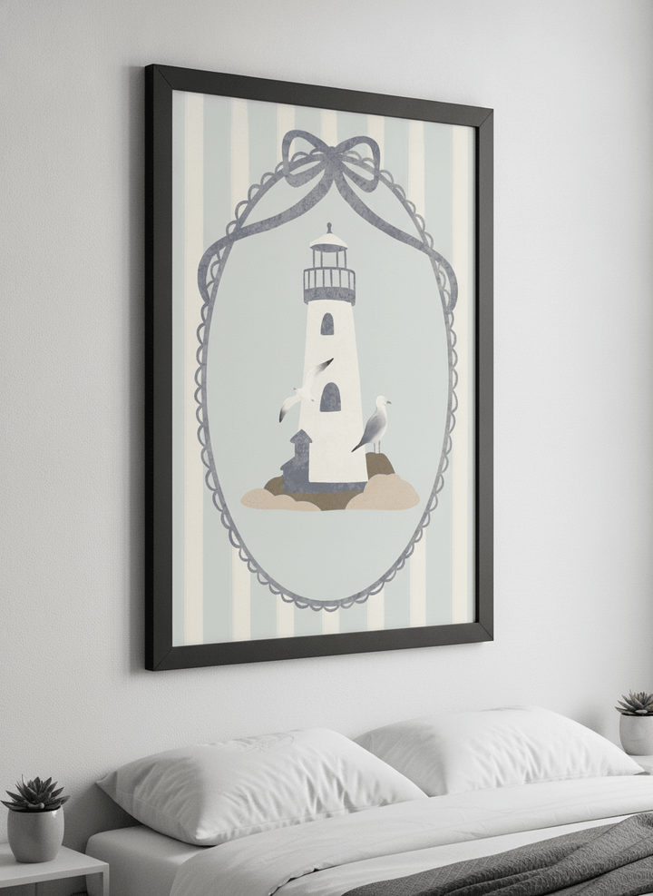 Minimalist artwork displayed in a calm, light-filled bedroom interior